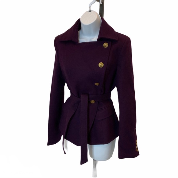 Kenar Plum Belted Gold Button Pea Coat Size M - Picture 2 of 8